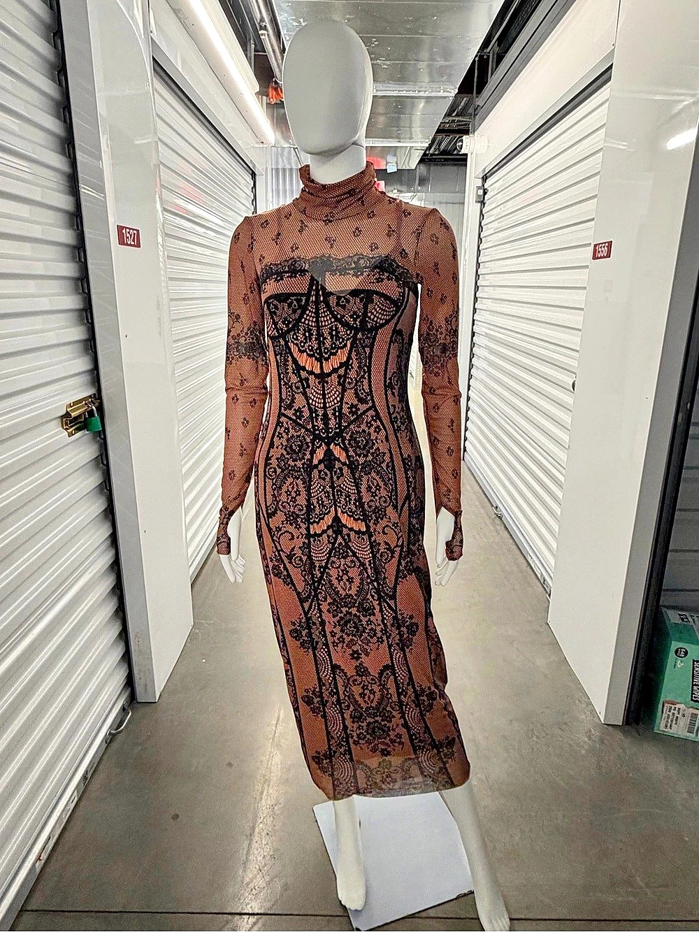 AFRM SHAILENE STARK LACE MESH TURTLENECK MIDI DRESS M